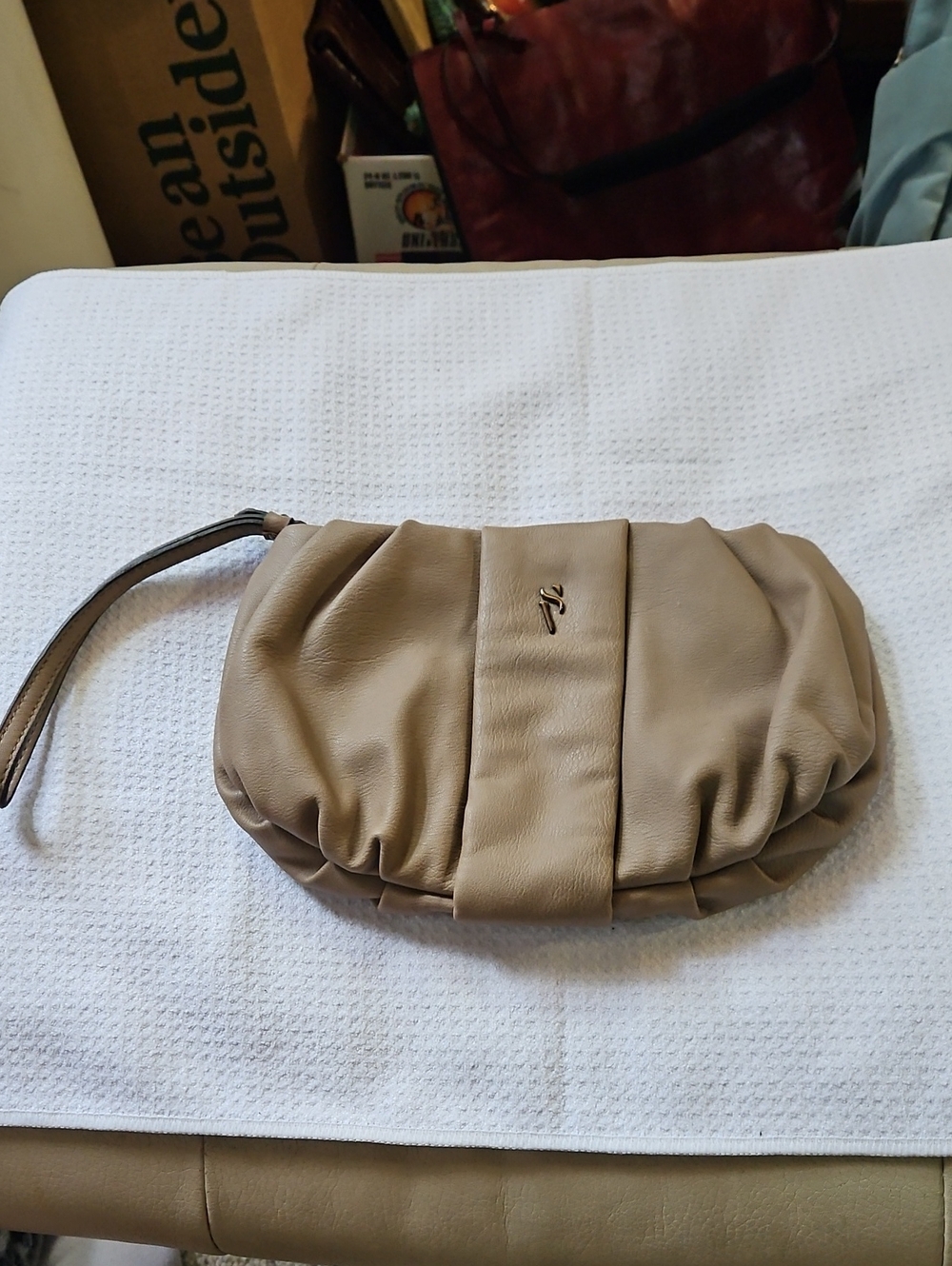 Simply Vera Vera Wang Taupe Leather Wristlet with Logo Patch
